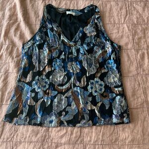Ramy Brook metallic silk tank top blue and black